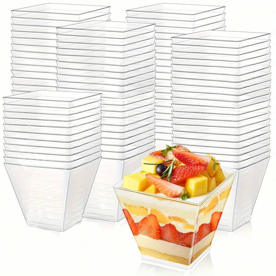10/25/50/100/200 Piezas, 2 oz/60 ML Tazas de postre de plástico mini con cucharas, tazones pequeños cuadrados brillantes transparentes para pudin de plátano, para servir y probar aperitivos en fiestas de cumpleaños y bodas, dorado y transparente