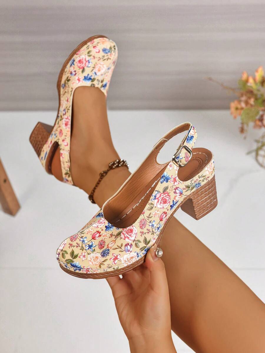 Women's Colorful Floral Print Round Toe Casual High Heel Pumps, Classic Slingback Design With Toe And Ankle Strap