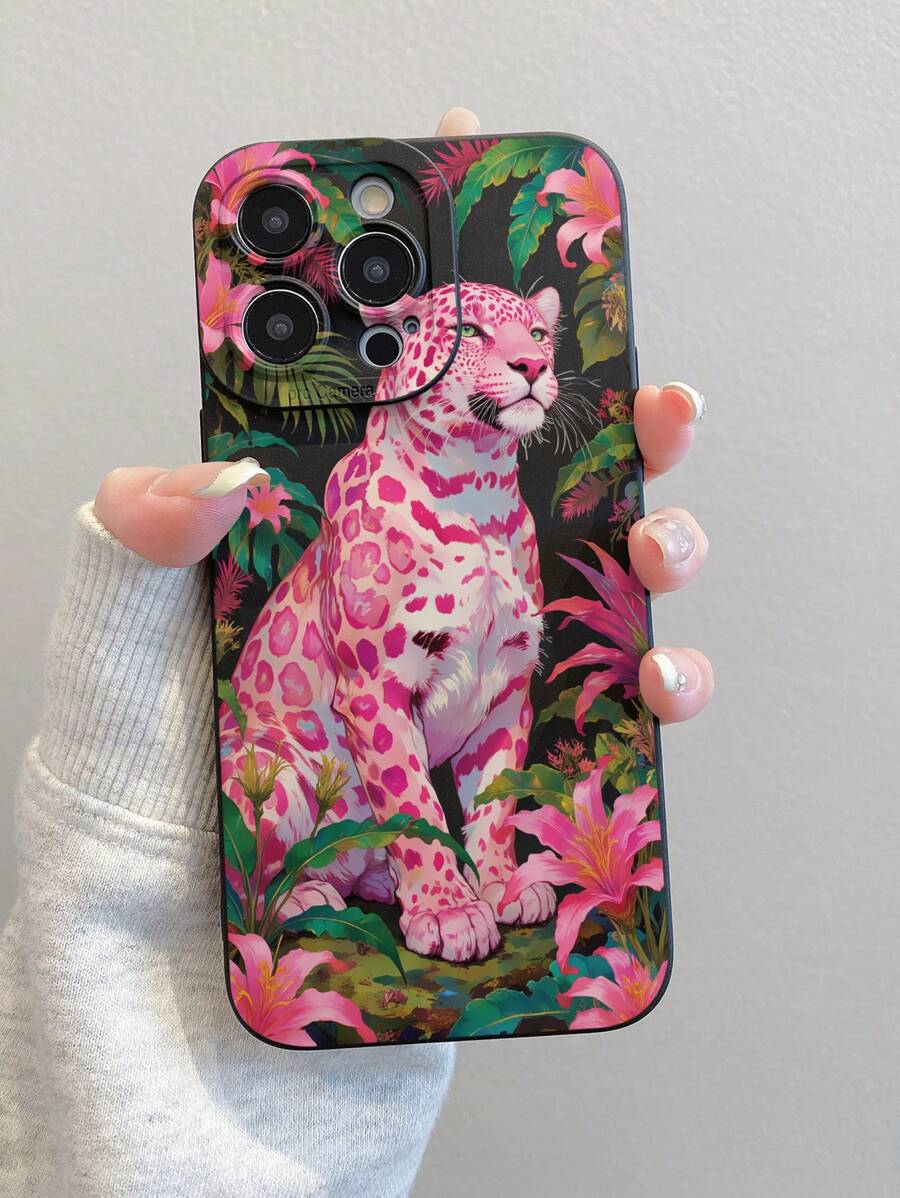 1 Patrón pintado de flor de Leopardo rosa de moda, funda de teléfono móvil anti-caída de material de TPU mate negro que se puede regalar a novio y novia compatible con Apple, OPPO, teléfono celular vivo y otros modelos de protección Cases