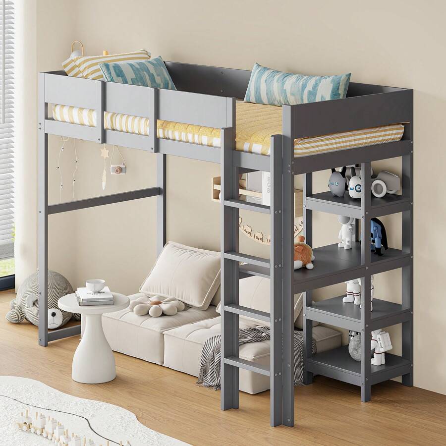Sairedel Letto a soppalco con contenitore 90 x 200 cm, struttura letto in legno massello di pino con rete a doghe, letto per bambini e ragazzi grigio