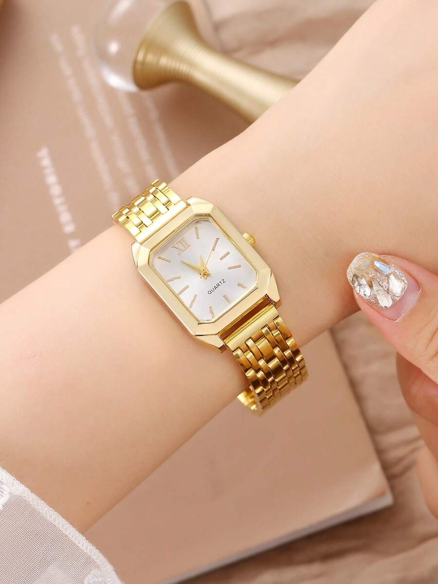 1 pieza Reloj de pulsera de mujer elegante y casual de negocios con esfera pequeña de números romanos, correa de metal cuadrada, cuarzo, acero, adecuado como regalo para volver al colegio, cumpleaños, aniversario, Halloween