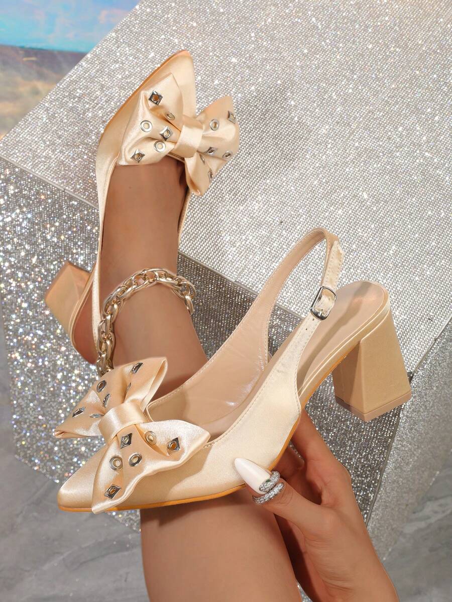 Yellow Backless Bow Pointed Toe Chunky Heel Shoes For Women