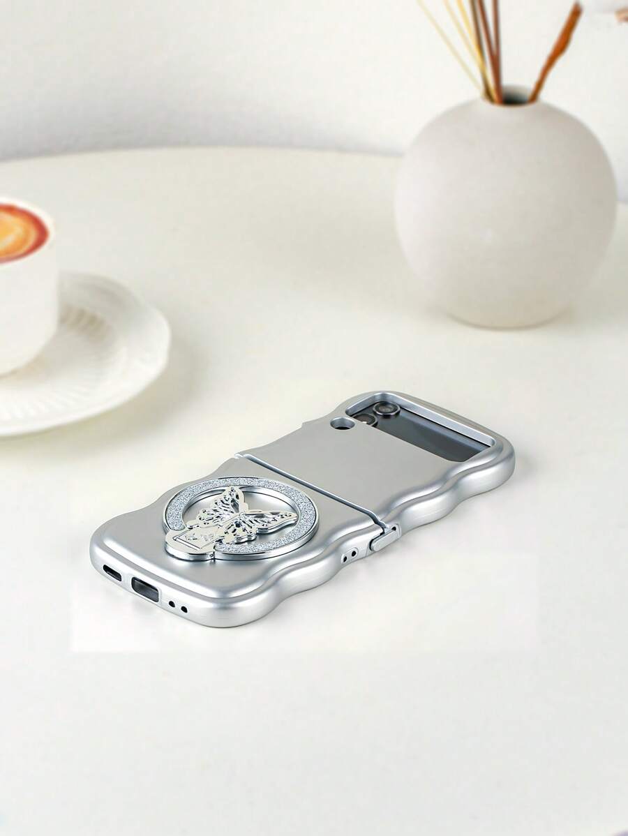 1pc Metal Texture Anti-Drop Anti-Shock Thick Wavy Butterfly Phone Holder Case, Compatible With Samsung Galaxy Z Flip3 5G, Galaxy Z Flip4 5G, Galaxy Z Flip5 5G, Galaxy Z Flip6 5G
