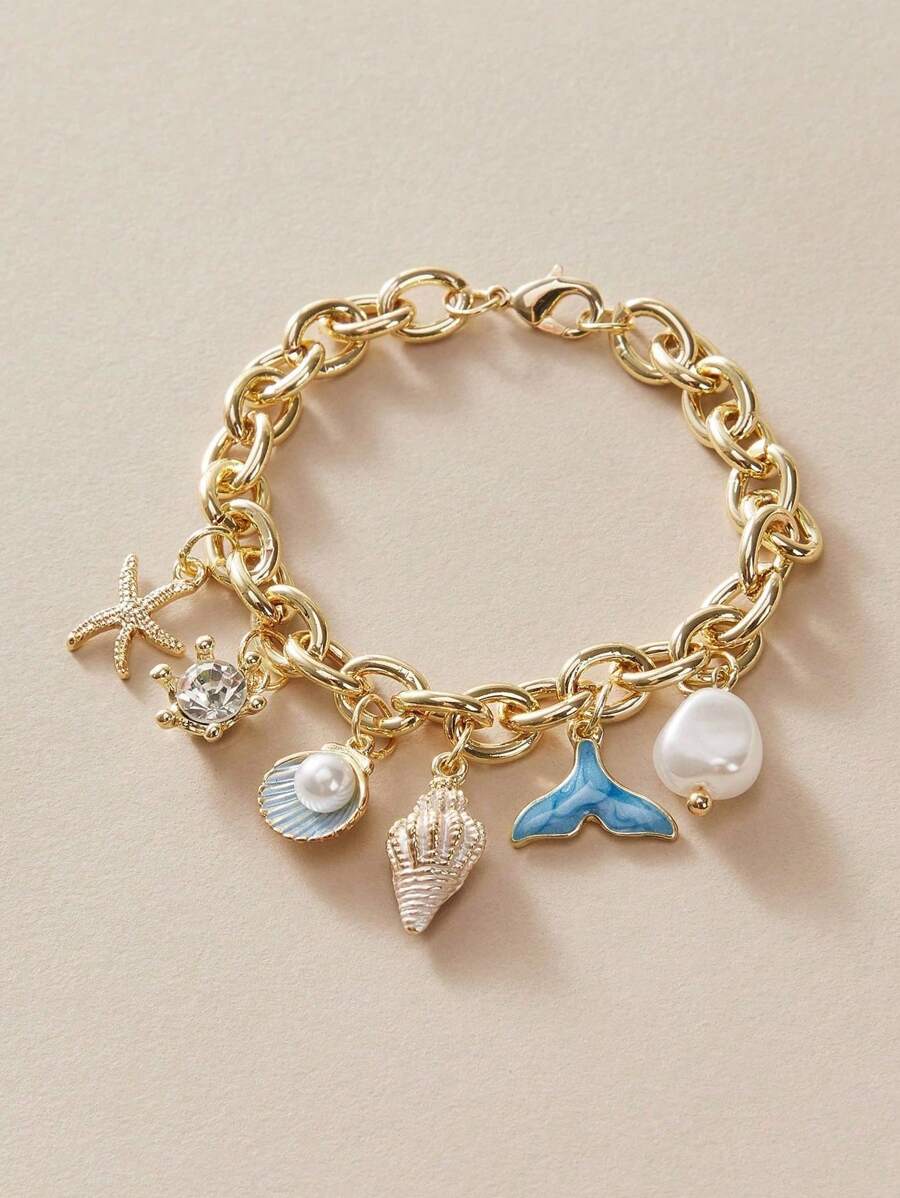 1pc Summer Fashion Beach Vacation Blue Oil Drop Shell Starfish Bracelet, Suitable For Daily Wear, Beach And Ocean