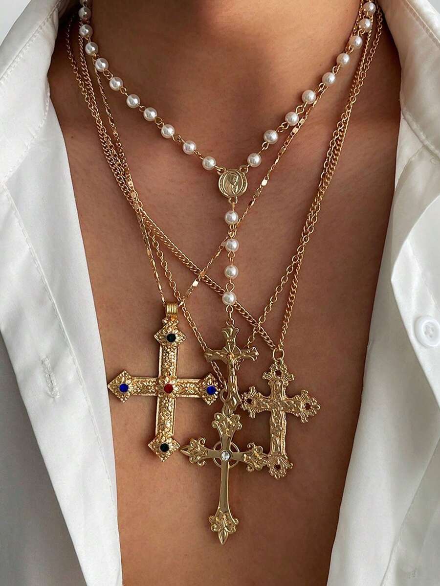 Set de 4 collares con colgante de cruz incrustado de circonia y cobre, adecuado para uso diario, fiestas y reuniones
