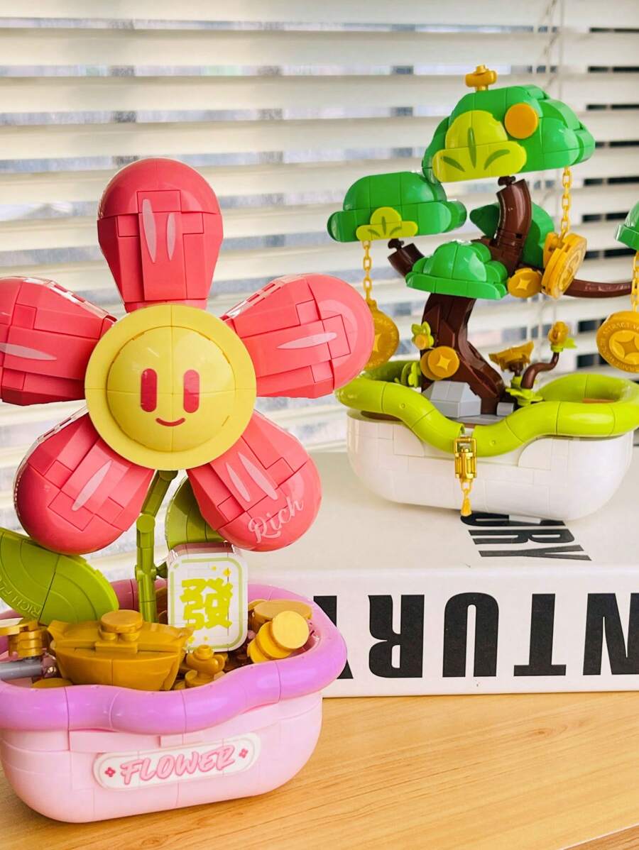 700+Pcs Construction Flower Bouquet Bonsai Building Blocks Toy, ABS Material Red And Green Color, Sunflower Design, Wealth Tree Model, Birthday Gift For Boys And Girls, Combination Building Desk Decor, Holiday Gift, Collectible