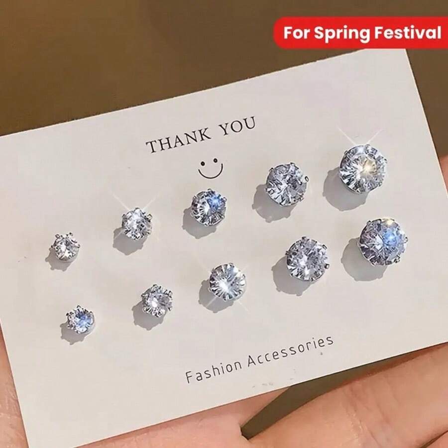 5 pares de pendientes de aro de acero inoxidable con remaches brillantes y circonita cúbica sintética, pendientes de joyería adecuados para mujeres y hombres