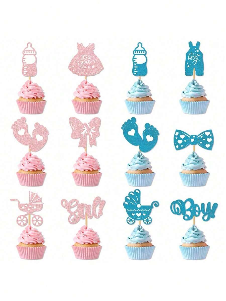 12/24 Stücke Geschlechts-Enthüllungs-Party Cupcake Topper Dekorationen, beinhaltet blaue & rosa Ratel, Schleife Picker