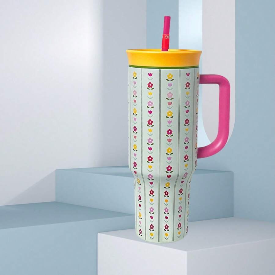 Botella de agua OwaLaa Flowers de 40 oz, 1185 ml, con pajita, se venden 3 unidades juntas, tiempo de conservación del calor de más de 24 horas, se puede aislar agua fría y caliente, se puede preparar café, bebidas congeladas, aspecto hermoso, mano de obra exquisita, adecuada para acampar, trabajar, uso en interiores y exteriores.