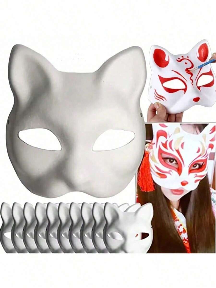 5/10PCS Therian Masks White Cat Fox Masks Blank DIY Halloween Mask Animal Half Facemasks Masquerade Cosplay Party