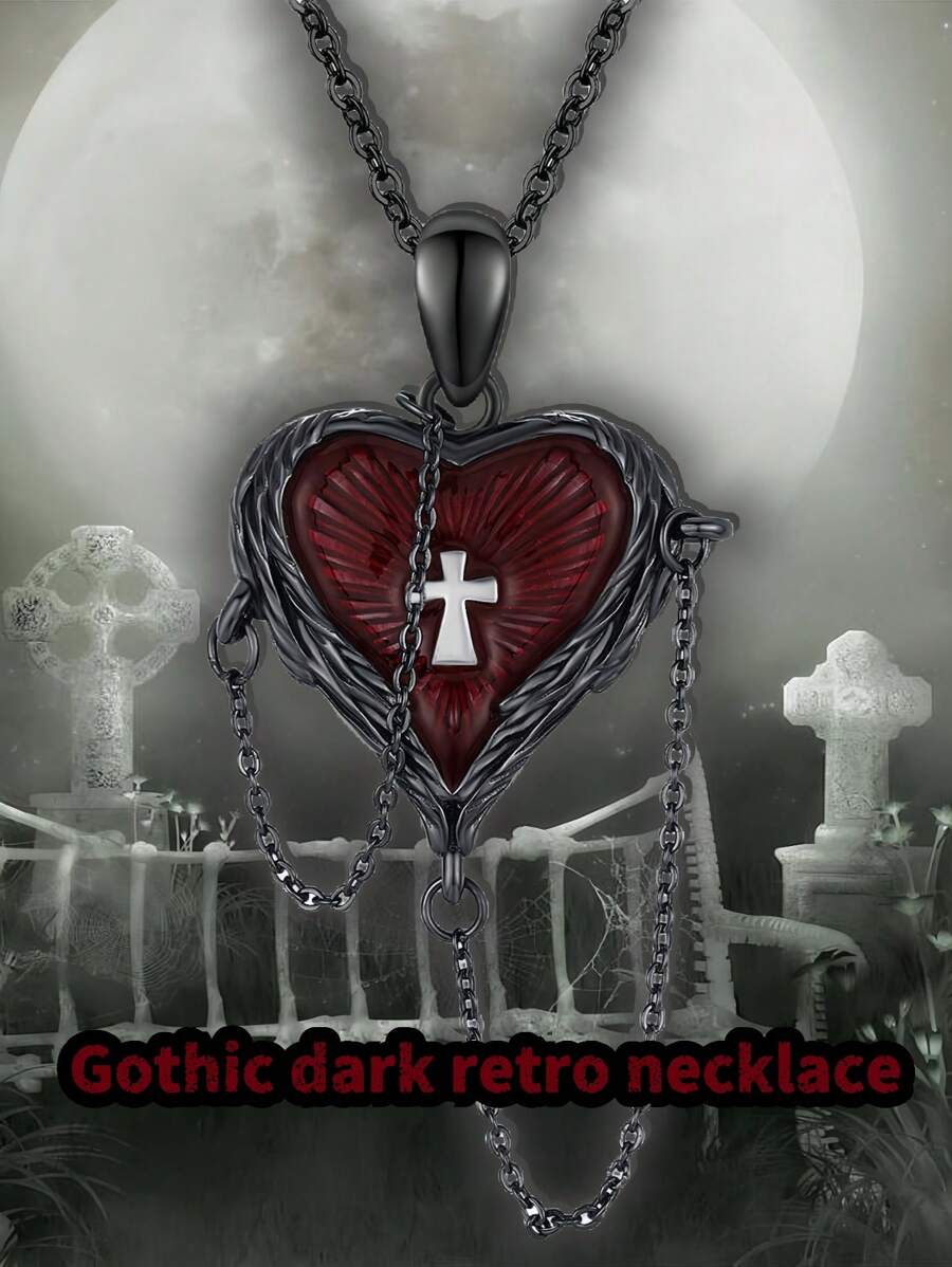 Gotischer dunkel schwarzer Halskette, dreidimensionaler roter Kristall Blut Fledermaus, retro Punk Kreuz herzförmige Paar Halskette, Halloween Accessoires (Unisex)