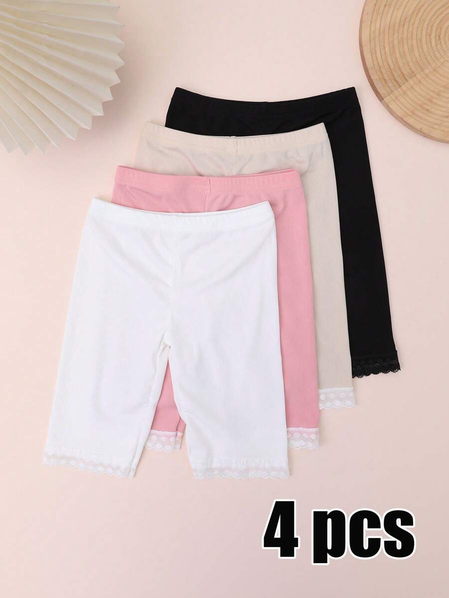 4 pares de bermudas para niñas de talla media-grande con decoración de encaje y lunares, hechas de material de seda de hielo ligero y transpirable para el verano, versátiles para usar como ropa exterior o interior
