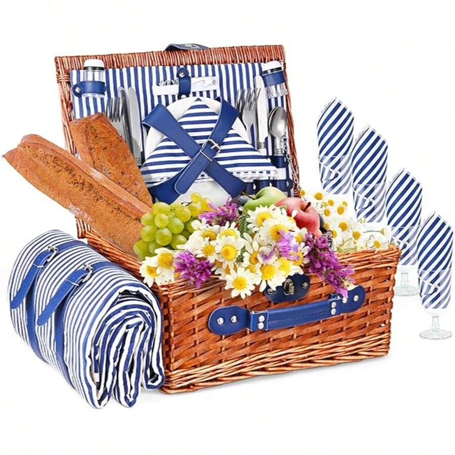 Cestino Picnic 4 Persone, Cesto Picnic Vimini con Coperta Impermeabile e Set di Posate, Set Pic Nic 4 Persone per Campeggio, Cestino Pic Nic Vimini (Blu)