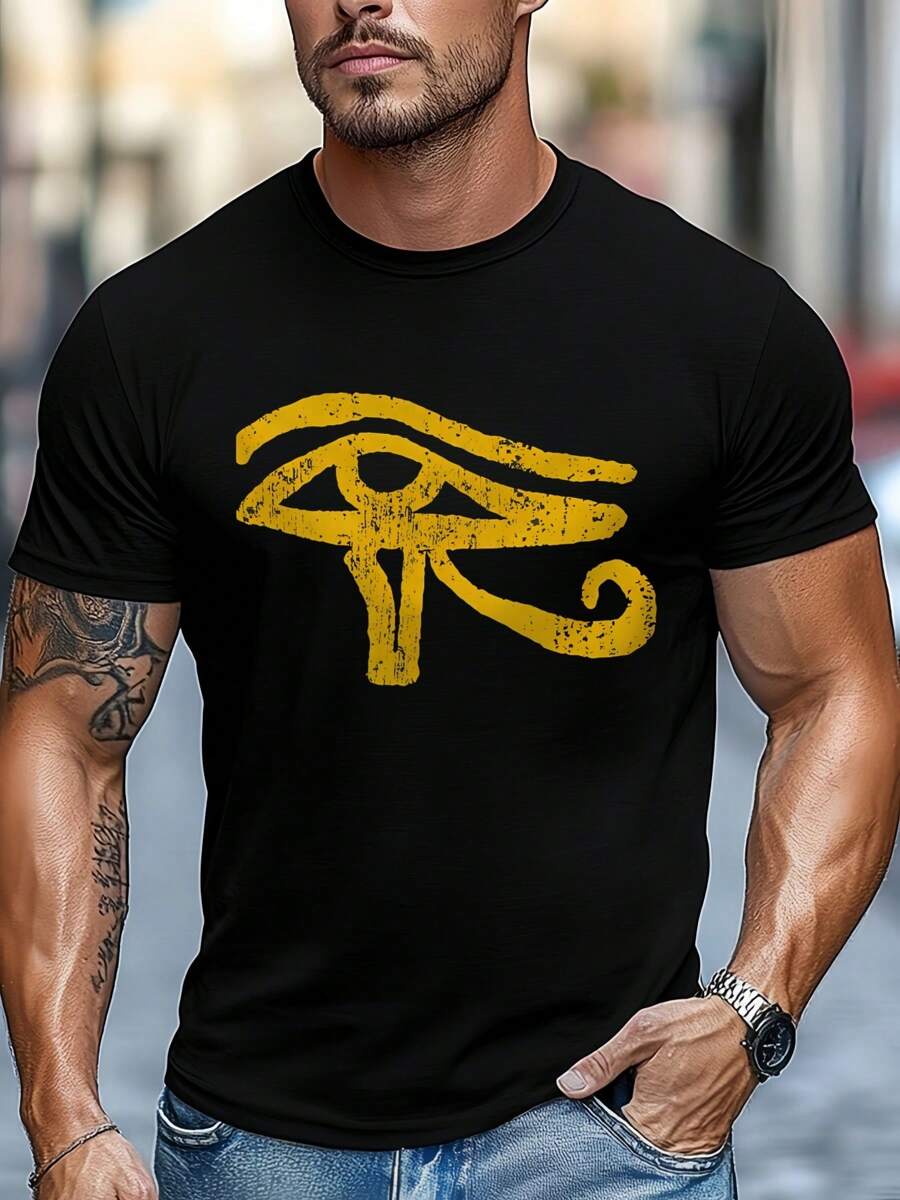 T-shirt da uomo con grafica Occhio di Horus (Egitto), t-shirt da uomo girocollo, 220 g/m², per l'estate, in puro cotone, maniche corte (1 pezzo)
