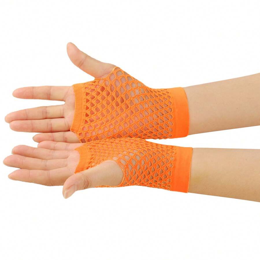 1 Pair Women's Fashion New Punk Y2K European And American Hollow Net Short Sexy Stretchy Gloves For Nightclub, Multi Color