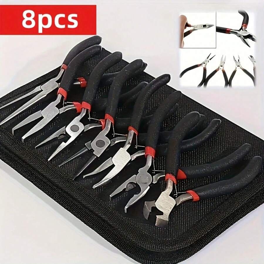 Set de 8 piezas de alicates multifuncionales, que incluyen alicates de aguja redonda, alicates de corte superior, alicates de alambre, herramientas de mantenimiento para interiores y exteriores, kit de herramientas DIY, kit de alicates para joyería para hacer y reparar joyas DIY