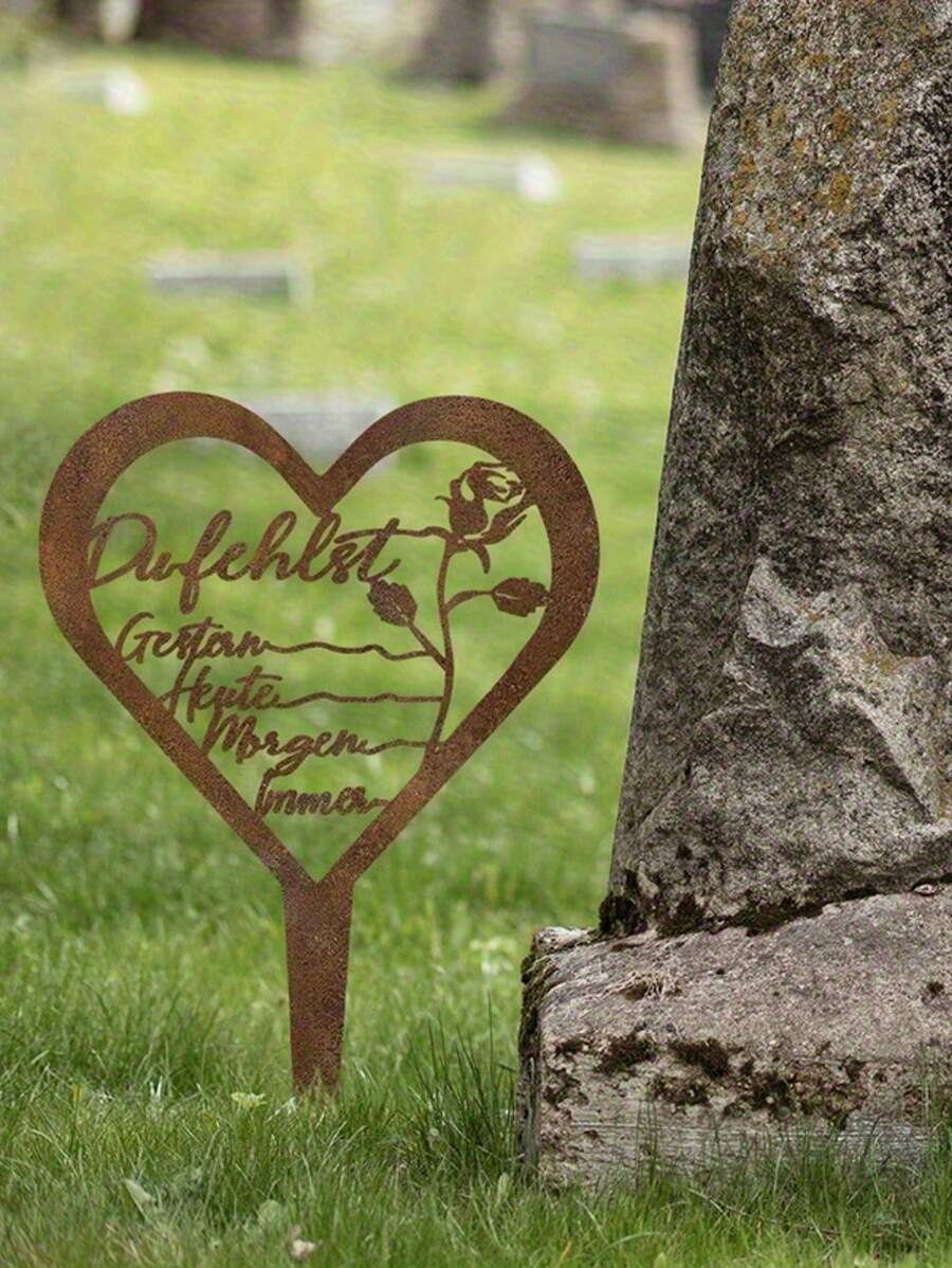 1pc Rustic Heart-Shaped Tombstone Memorial - Metal Grave Marker With Inscription, Freestanding Outdoor Cemetery & Garden Decor For Mother's Day, Weather-Resistant No Electricity Needed