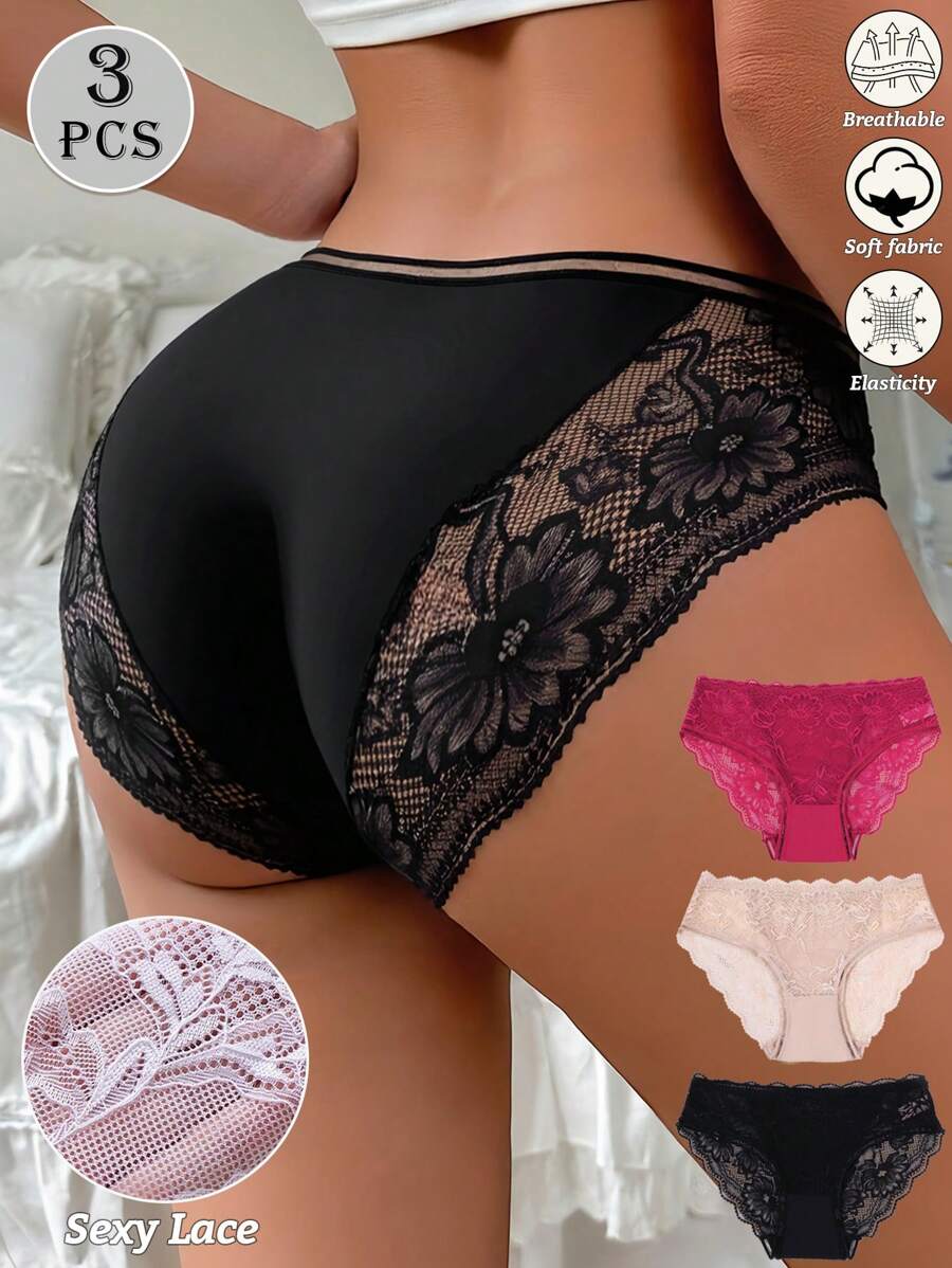 3pcs Sexy Lace Panties Seamless Low Waist Panty Lingerie For Women Floral Pattern Mesh Briefs With Silky Tactile Touch Basics Thin Fabric Knickers Soft Stretch Sexy Panties