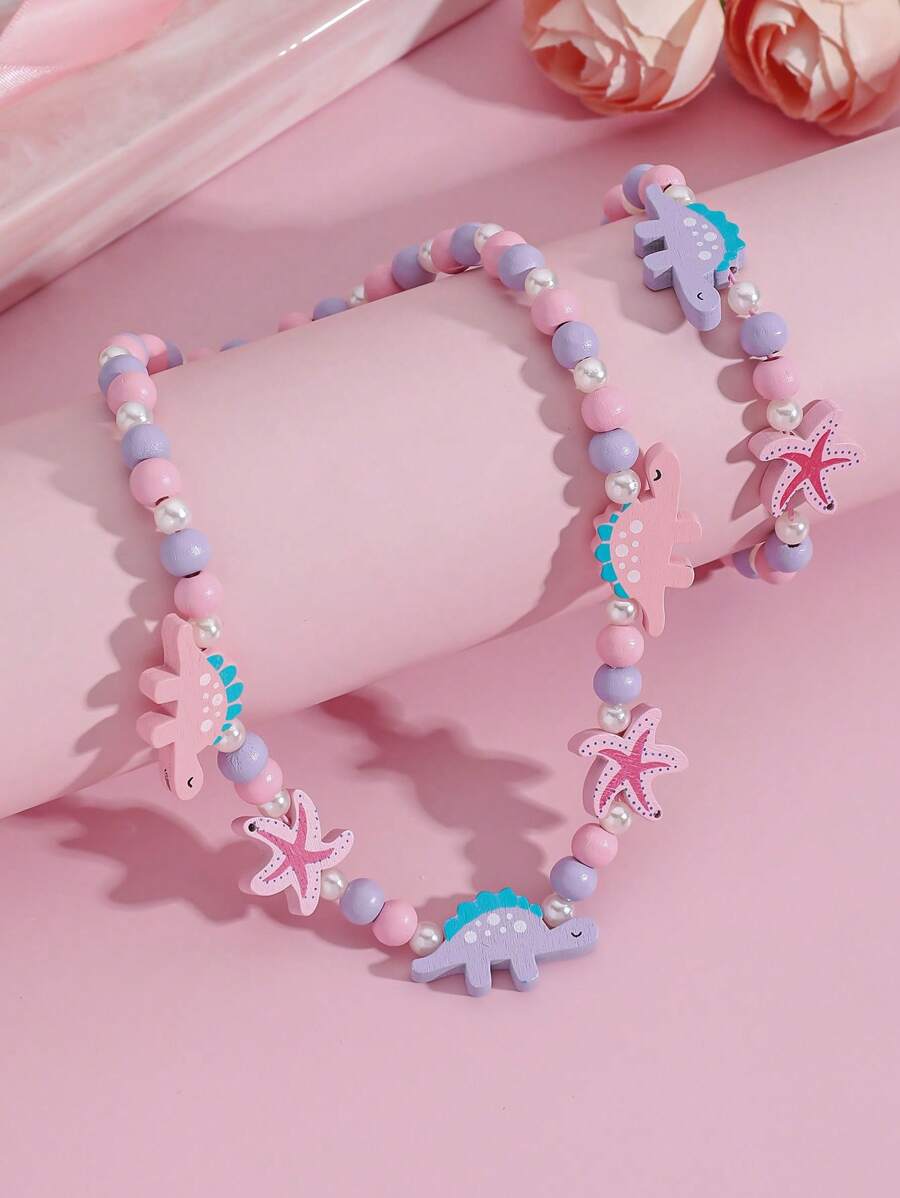 1 colar + 1 pulseira com lindos desenhos de dinossauro e estrela do mar, conjunto de joias com contas de madeira, adequado para uso diário, presente de aniversário