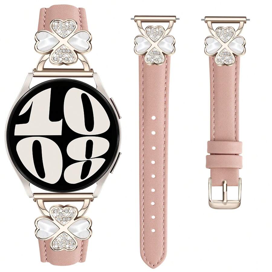 Correa de reloj de piel de mujer compatible con Watch 7/6/5/4 (40mm/45mm) y Classic (43mm/50mm) y Pro (45mm) - Diseño de diamante de trébol de cuatro hojas de la suerte - Correa delgada, transpirable y cómoda - Elegante, de moda y bonita de varios colores - Transpirable e hipoalergénica - Banda de repuesto premium para negocios/citas/boda/uso diario - Mejor regalo para ella