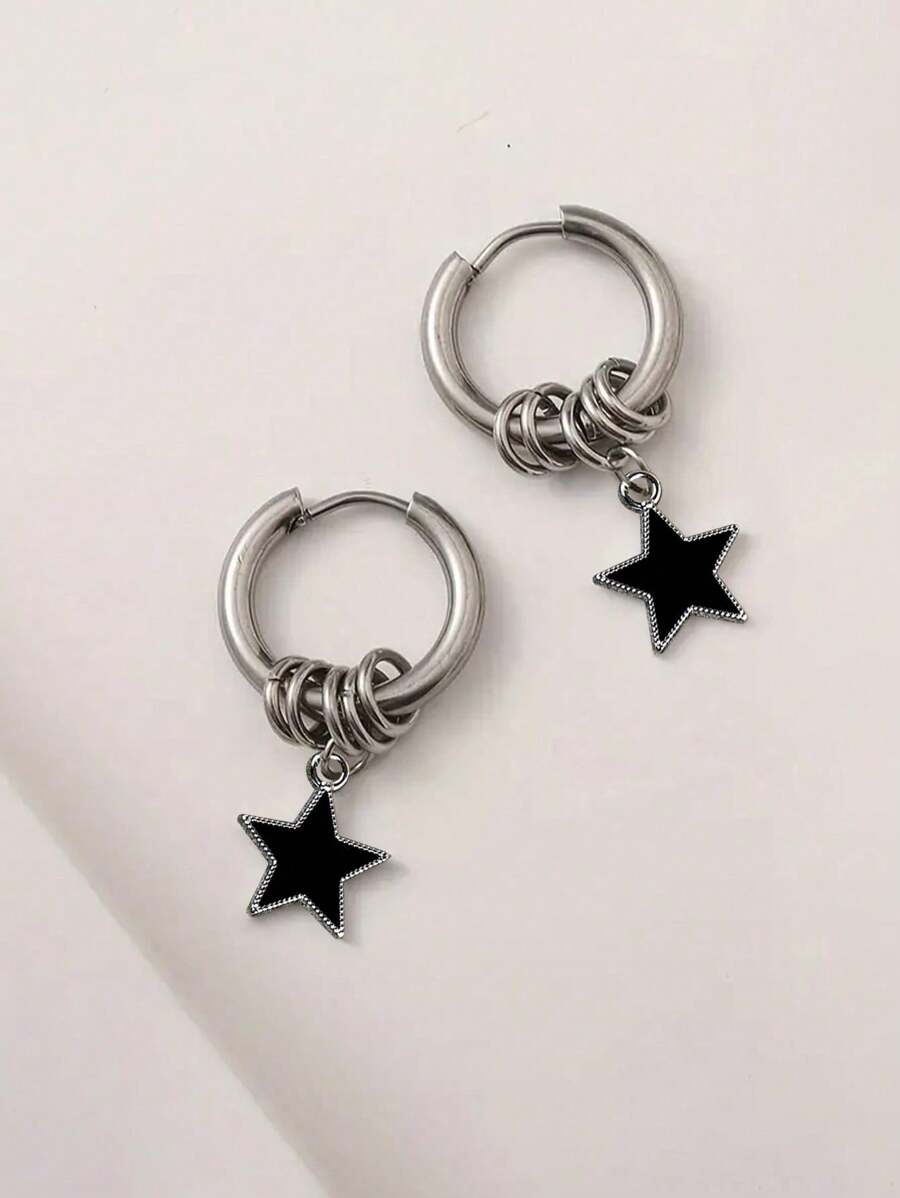 1 Pair Stainless Steel Punk Black Star Hoop Earrings, Fashionable Accessory Suitable For Daily Wear For Women