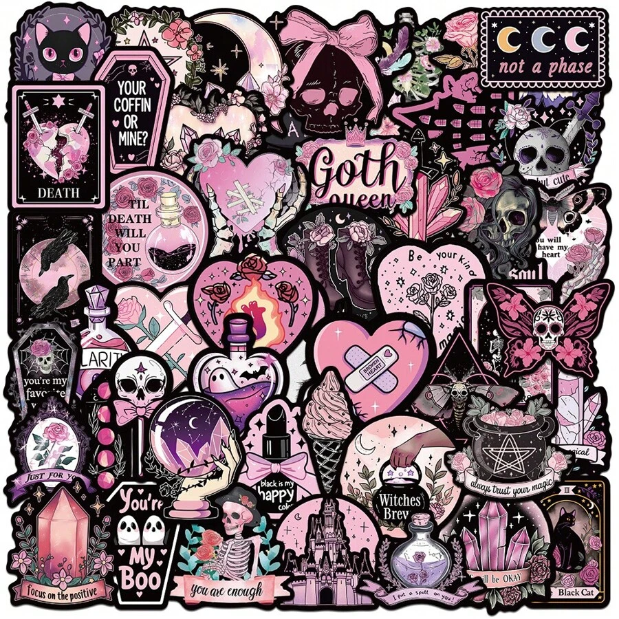 50pcs Punk Gothic Style Printed Stickers, Personalized Decorative For Guitar, Notebook, Luggage, DIY, Cross-Border School Supplies,Back To School
