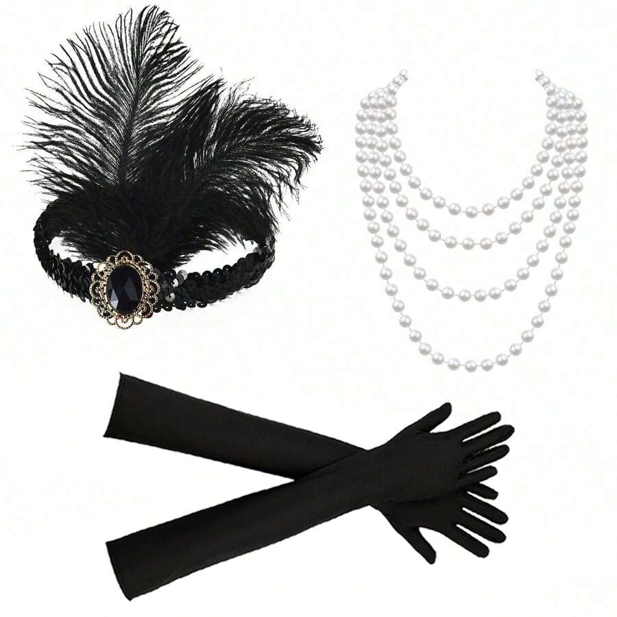 1920s Women Flapper Headband Pearl Necklace Gloves 3pcs/Set, Vintage Elegant Sexy High-End Costume For Party, Halloween