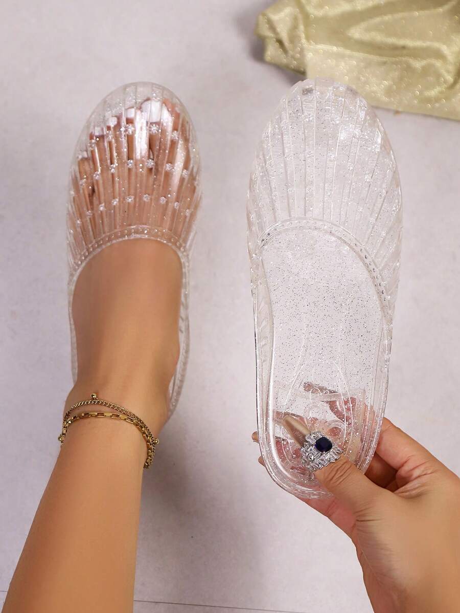 Summer New Women's Flat Sandals, Fashion Transparent Hollow Slip-On Comfortable Flat Ladies Slippers, Versatile Casual Bohemian Beach Sandals