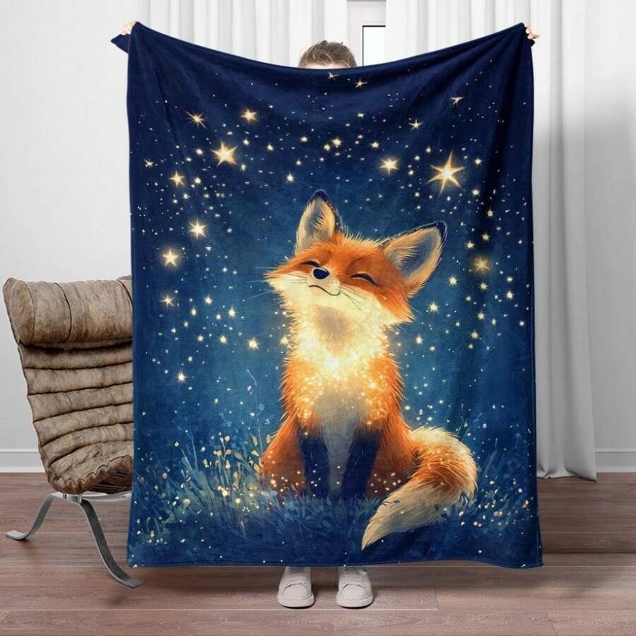 1pc Fox Under The Stars Lightweight Flannel Throw Blanket - Polyester Fleece Blanket For Sofa, Bed, Travel, Camping, Living Room, Office, Couch, Chair, And Bed - Digital Printing, No Electricity Or Feathers Required
