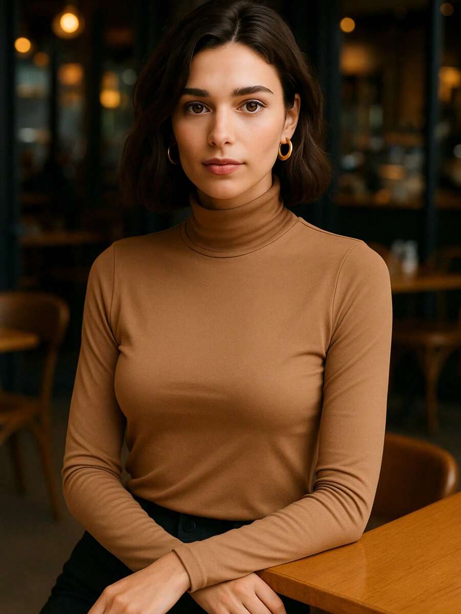 Blusa Feminina Manga Longa Gola Alta Estilo Clássico e Quentinho Simples Casual elegante Tecido Viscolycra