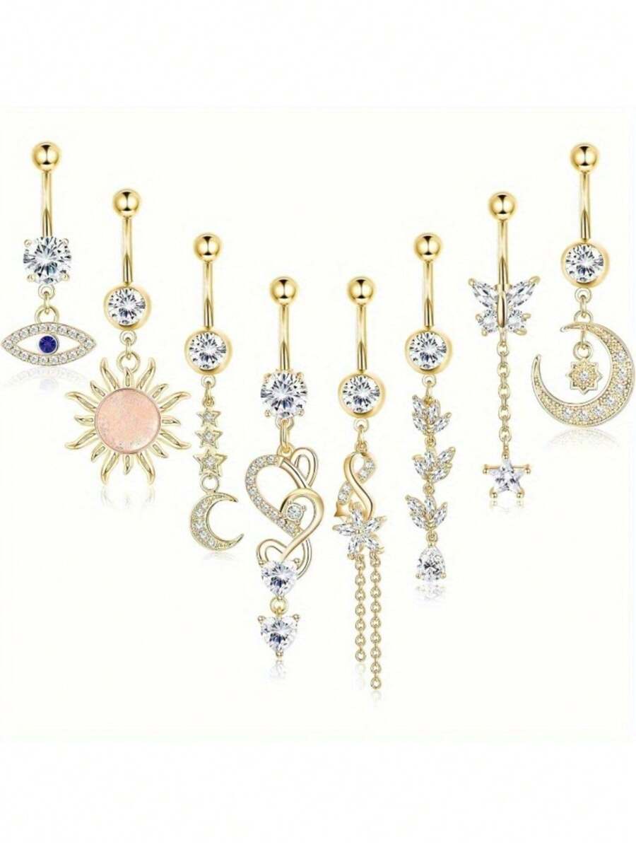 IRONBOX 1Pc Stainless Steel 14G Elegant Evil Eye CZ Navel Ring Hypoallergenic Dangle Belly Button Piercing Jewelry For Women Exquisite Barbell Design With Sparkling Crystals