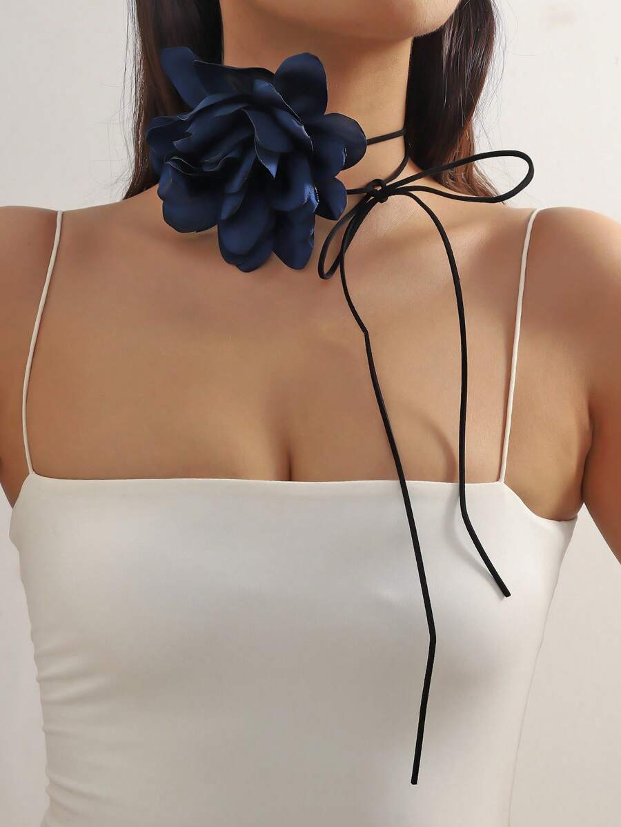 1 pieza Collar gargantilla estilo francés retro de moda con flor grande, cadena de cuello con flecos para mujer