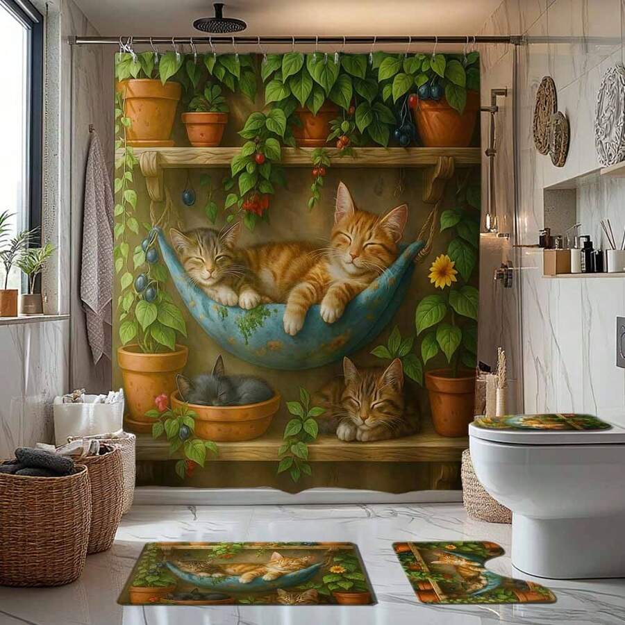 1/4 Stück Bequemes Badezimmer-Set im Katzenmotiv, bestehend aus Duschvorhang, Badematte, U-förmiger Toilettenvorlage, Toilettendeckel-Abdeckung, wasserdichter Duschvorhang, dekorativer Vorhang, moderne Badezimmer-Teilungsvorhang, ohne Bohren, aus Polyester, maschinenwäschbar, Schulanfang