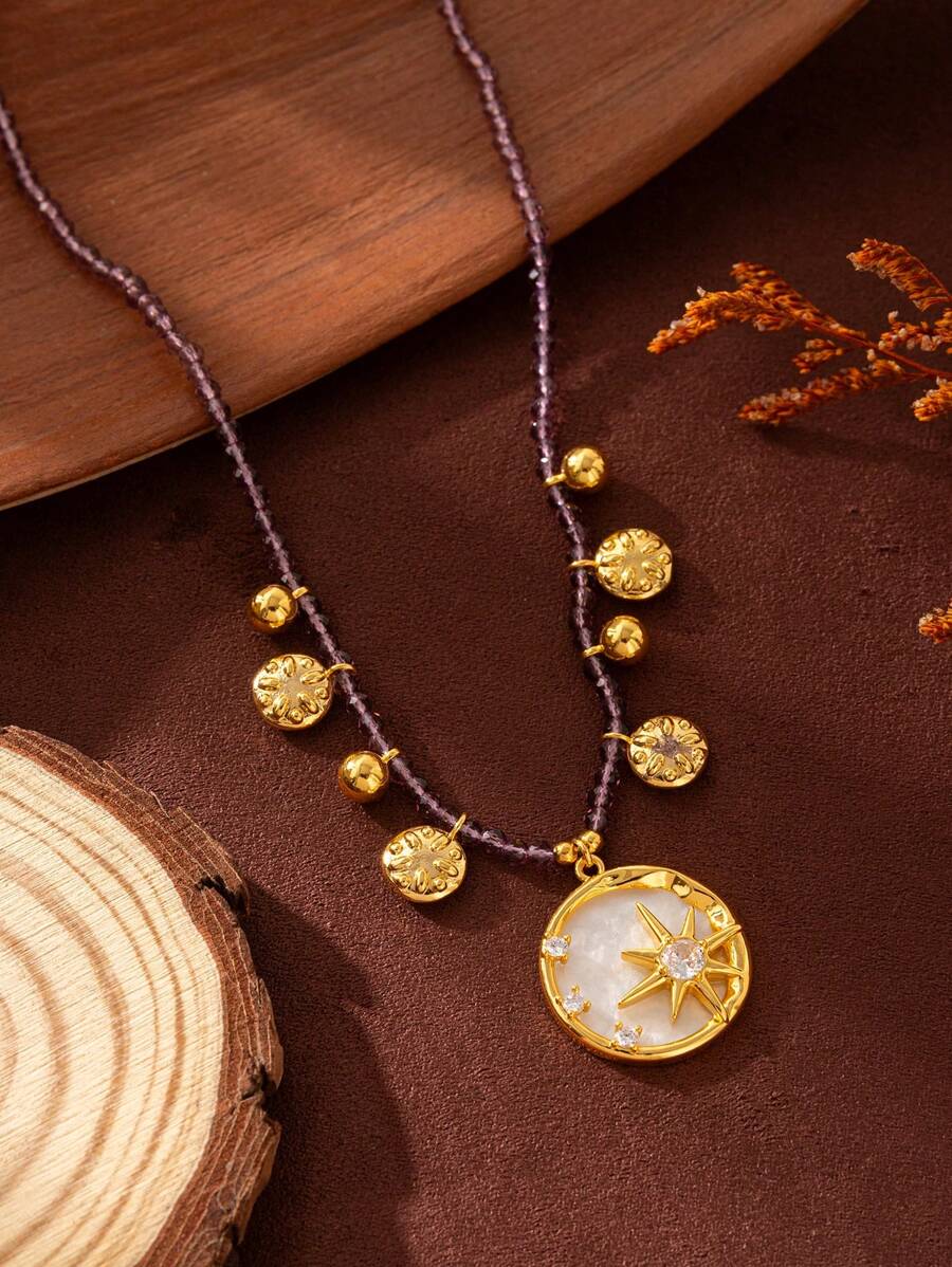 Colar de contas octogonais cravejadas de diamantes roxos, com tecnologia de gotejamento de óleo, banhado a ouro 18k, à prova d'água e de suor. Adequado para férias de verão na praia, atividades ao ar livre, passeios de fim de ano e joias femininas.