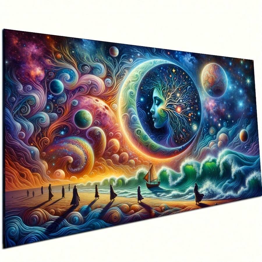 1 Stück extra großes 5D Diamant Malset 40 x 70 cm, Sternenhimmel Mond, Ozeanwellen & Menschenfiguren Landschaft Muster, geeignet für Erwachsene Anfänger DIY Mosaik Diamant Kunst, vollständig gebohrtes handgemachtes DIY Diamant Gemälde, Dekoration für Wohnzimmer, Schlafzimmer, Bürowand, Geschenk für Familie & Freunde, ohne Rahmen