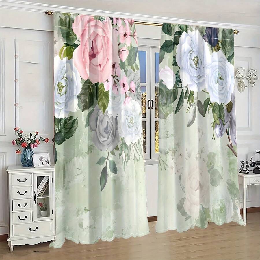 Cortina transparente com estampa floral, 2 peças, decoração com flores coloridas para sala de estar/quarto, adequada para todas as estações
