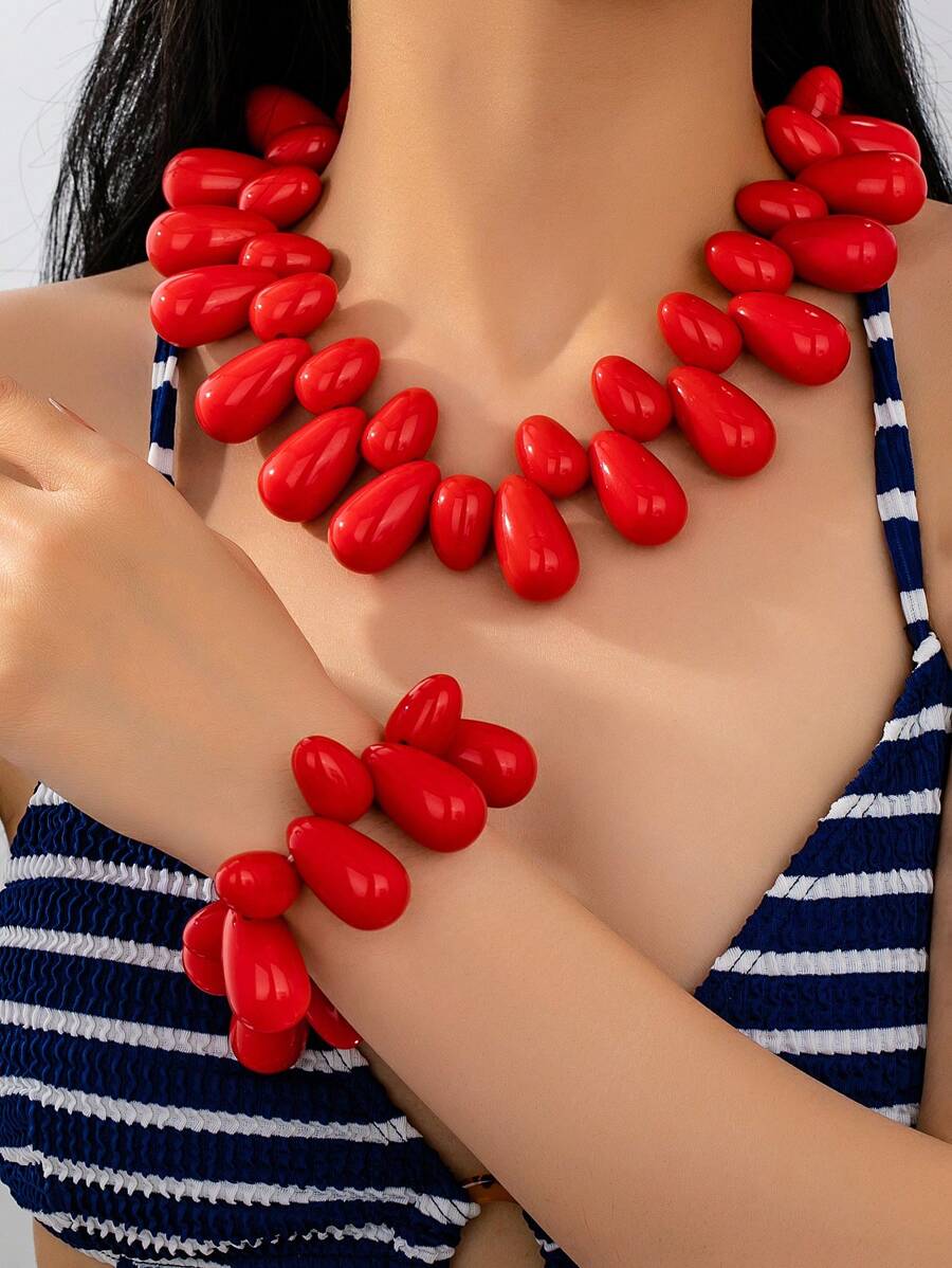 2 Piece/Set Women Fashion Red Teardrop Beaded Bracelet & Necklace Set, Versatile Bohemian Style Jewelry Set For Summer Beach Vacation