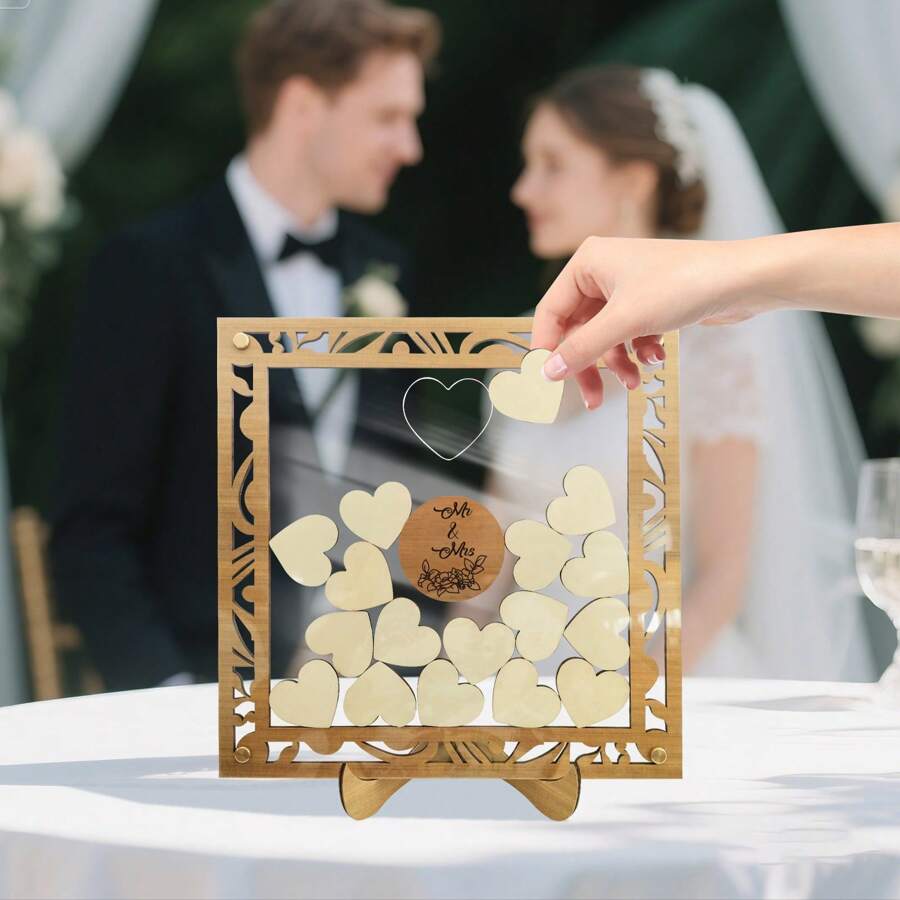 1pc Wooden Heart-Shaped Wedding Guest Book With Stand, 20pcs Heart Shapes - Fun Instant Photo Booth Sign Suitable For Wedding, Birthday, Anniversary And Special Events - Please Sign In Our Guestbook Mr & Mrs Table Decoration