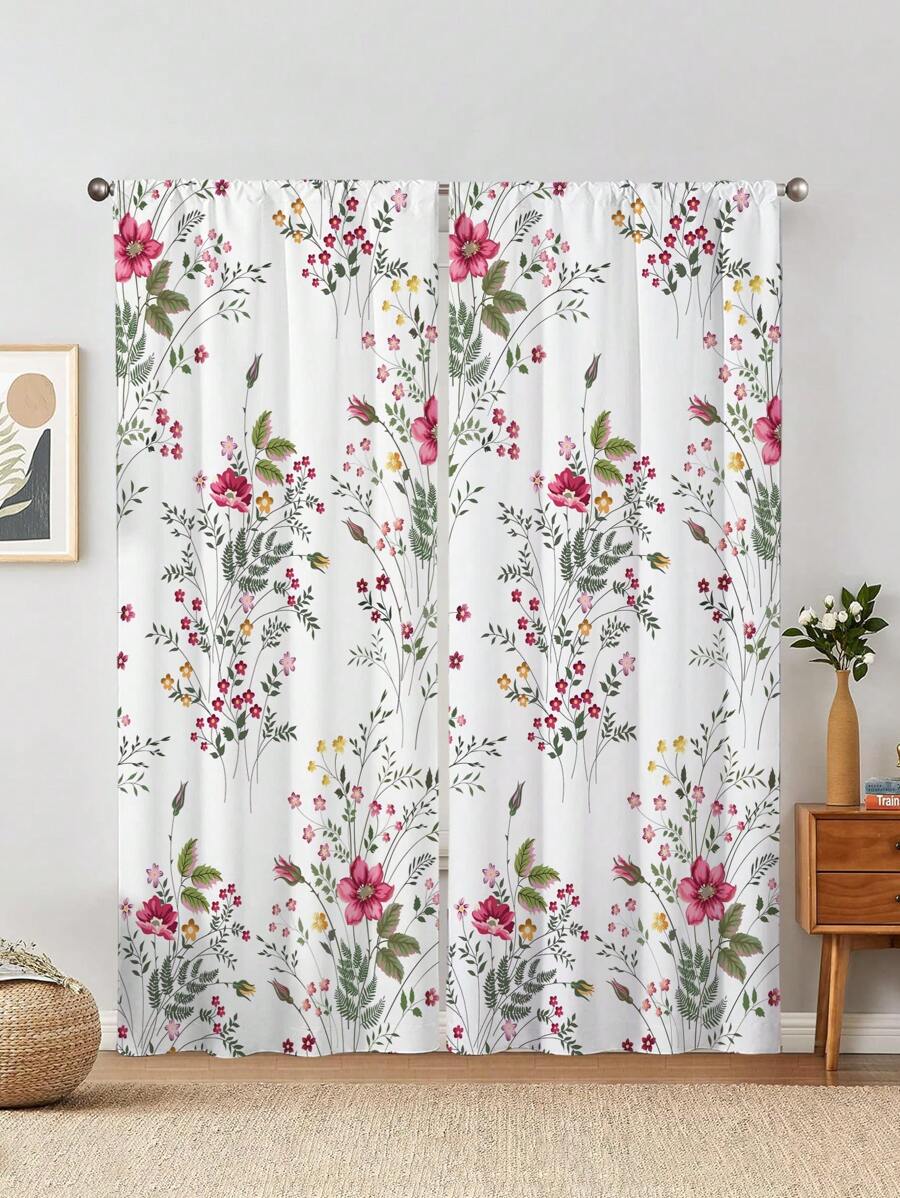 2 pièces Rideaux imprimés de fleurs aquarelle botaniques de printemps, sans trous, convient pour la chambre, le bureau, la cuisine, le salon, l'étude, décoration d'intérieur