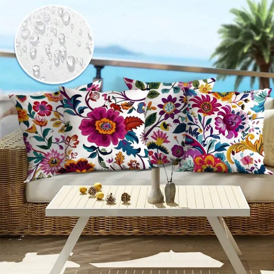 4pcs High Quality Outdoor Throw Pillows - Colorful Bohemian Floral Print, Twill Fabric With Zipper Closure, Machine Washable For Patio, Garden, Poolside Decor, Outdoor Relaxation | Decorative Cushions | Twill Weave Pillow, Outdoor Pillows