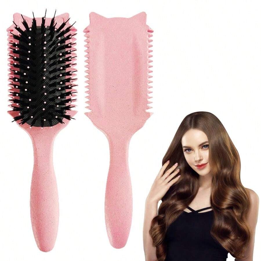 Cepillo definidor de rizos, cepillos para el cabello rizado, cepillo de estilo rizador para peinar y dar forma a los rizos en todos los peinados para reducir el tirón, color rosa