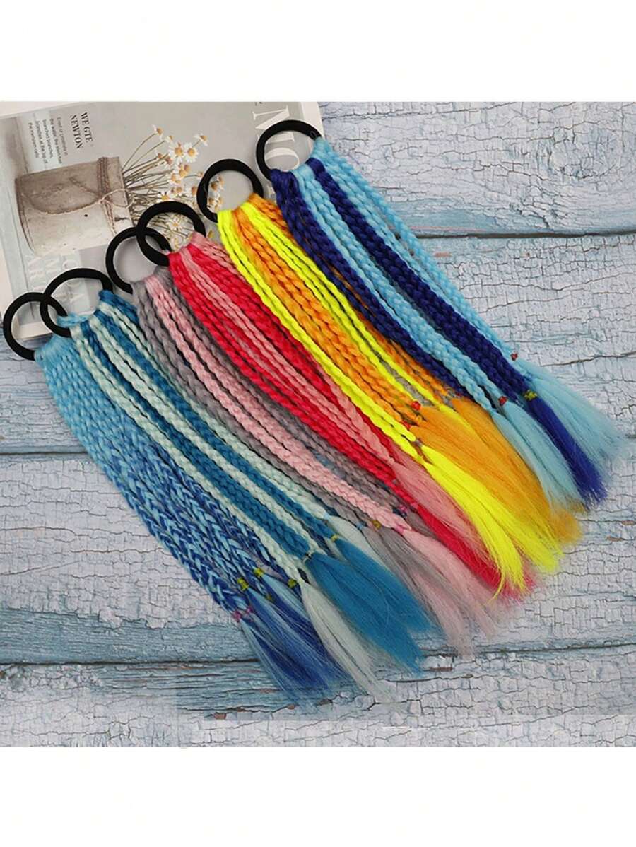1pc Colorful Braided Ponytail Hair Scrunchie, 3-Strand Braid Ombre Gradient Short Synthetic Hair Scrunchie, Rainbow Stripe Polyester Fiber Hair Accessories, Suitable For All Seasons, Hair Styling Kit, Hair Tool Kit, Hairstyling Set