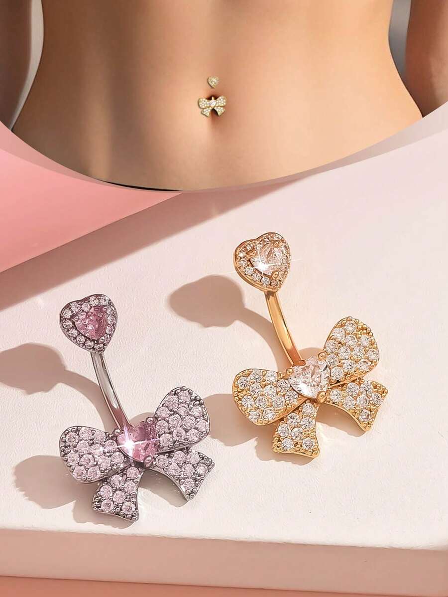 1 pieza Anillo de ombligo de joyería para perforación con lazo en color plata, dorado y rosa, de acero inoxidable con colgante flotante en forma de lazo, joyería corporal sexy para verano y playa, accesorio de joyas de ombligo