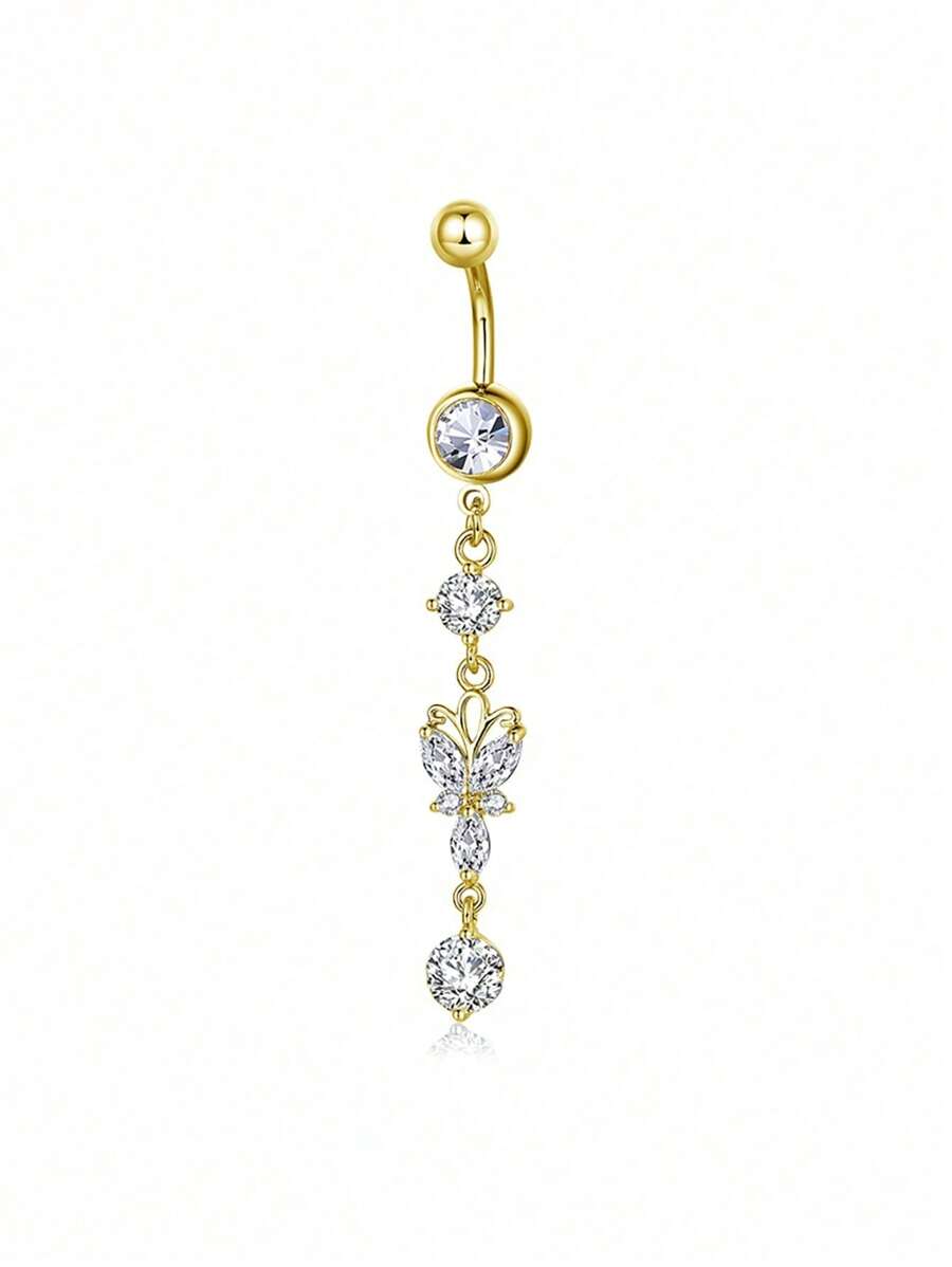 Navel Piercing Ring With Micro-Inlay Zirconia Stone, Gold Butterfly Navel Piercing Jewelry