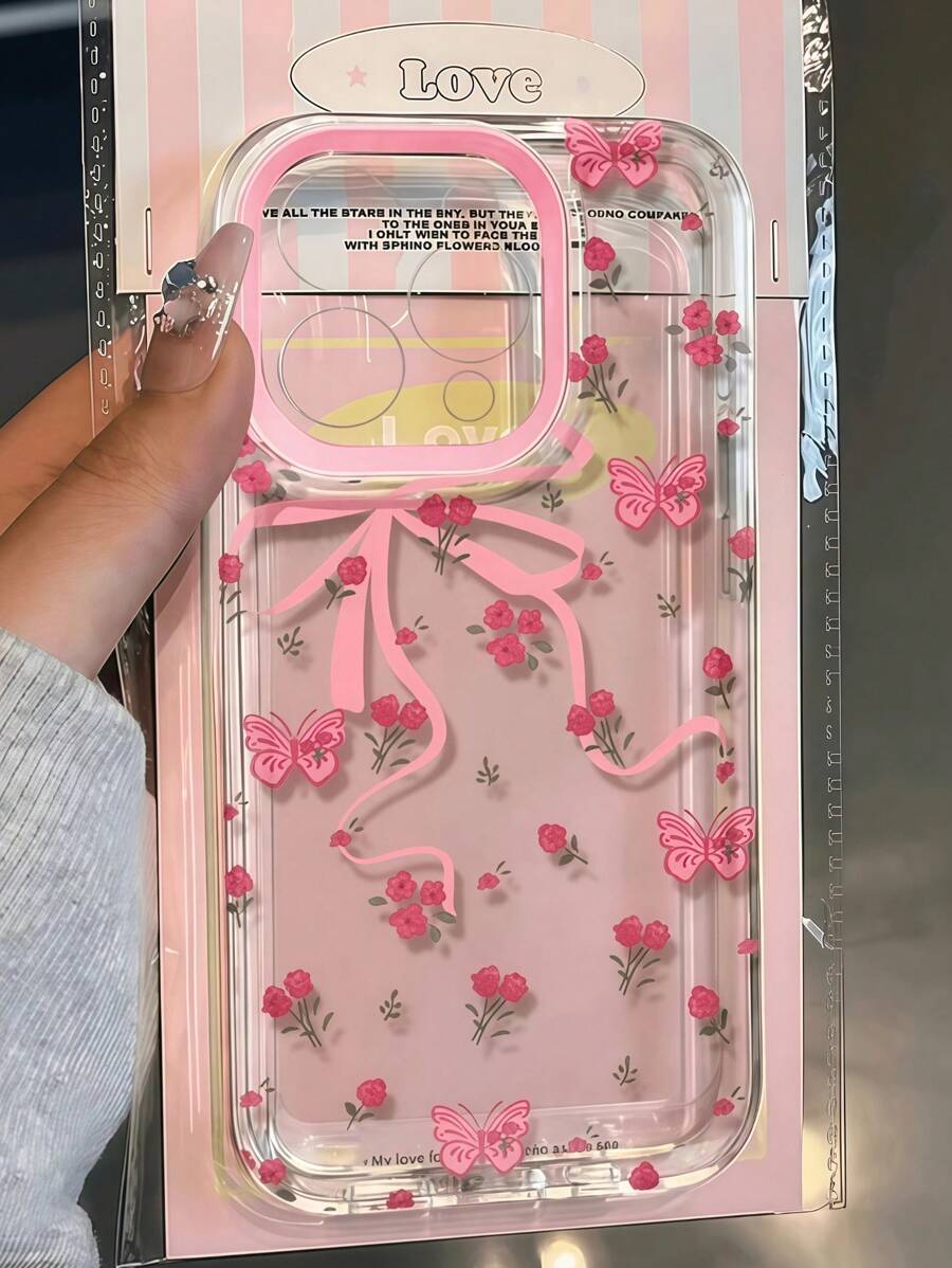 Funda protectora para teléfono con diseño de impresión floral de rosa y mariposa rosa elegante, compatible con iPhone 15/15 Pro Max/13/11/12/14/Mini y S21/S22/S23/S24/S25 Plus/Ultra