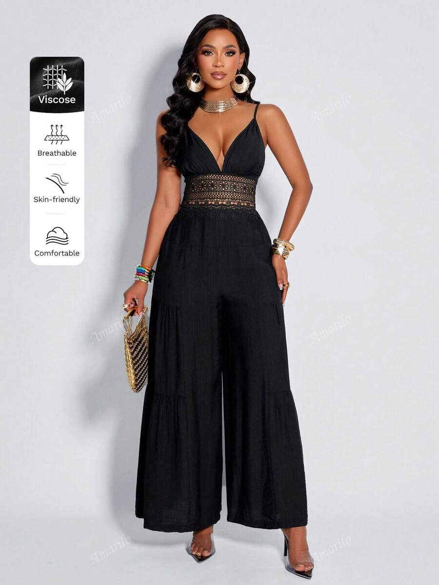 Mono ancho de mujer Amarilo de unicolor, sexy y elegante, con tirantes de encaje
