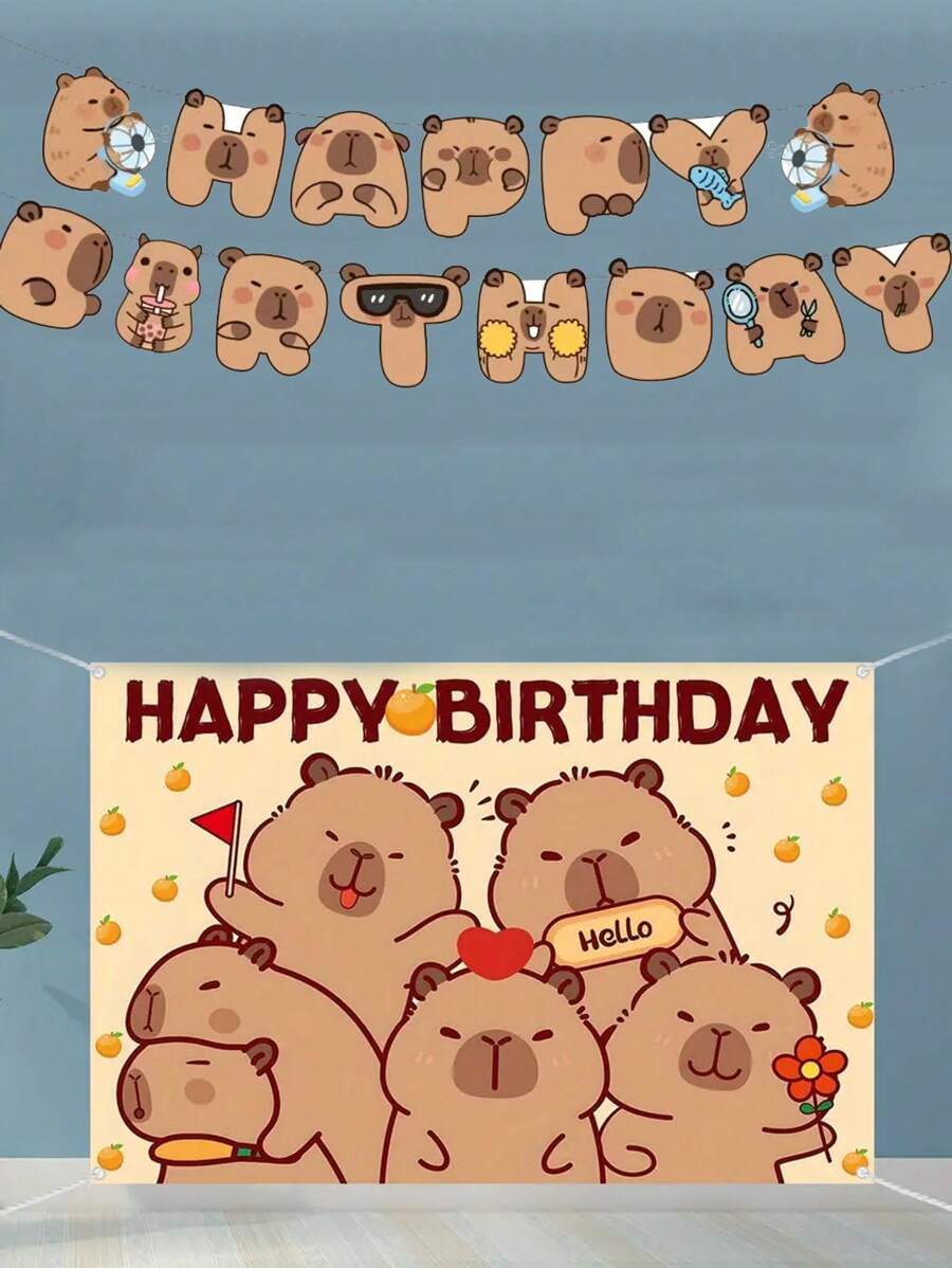 12pcs Adorable Capybara Birthday Party Decorations Banner, Playful Design, Party Decorations Suitable For Theme Parties, Festivals, Animal-Themed Celebrations
