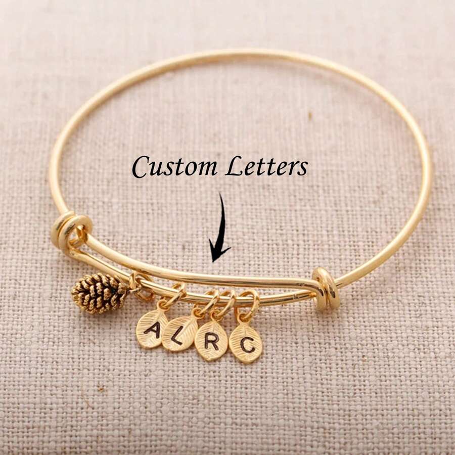 Pulseira com inicial de pinha, presente para o Dia das Mães, presente para a avó, pulseira com inicial de folha, presente personalizado para mães, joias com nome de família, presente para a mãe