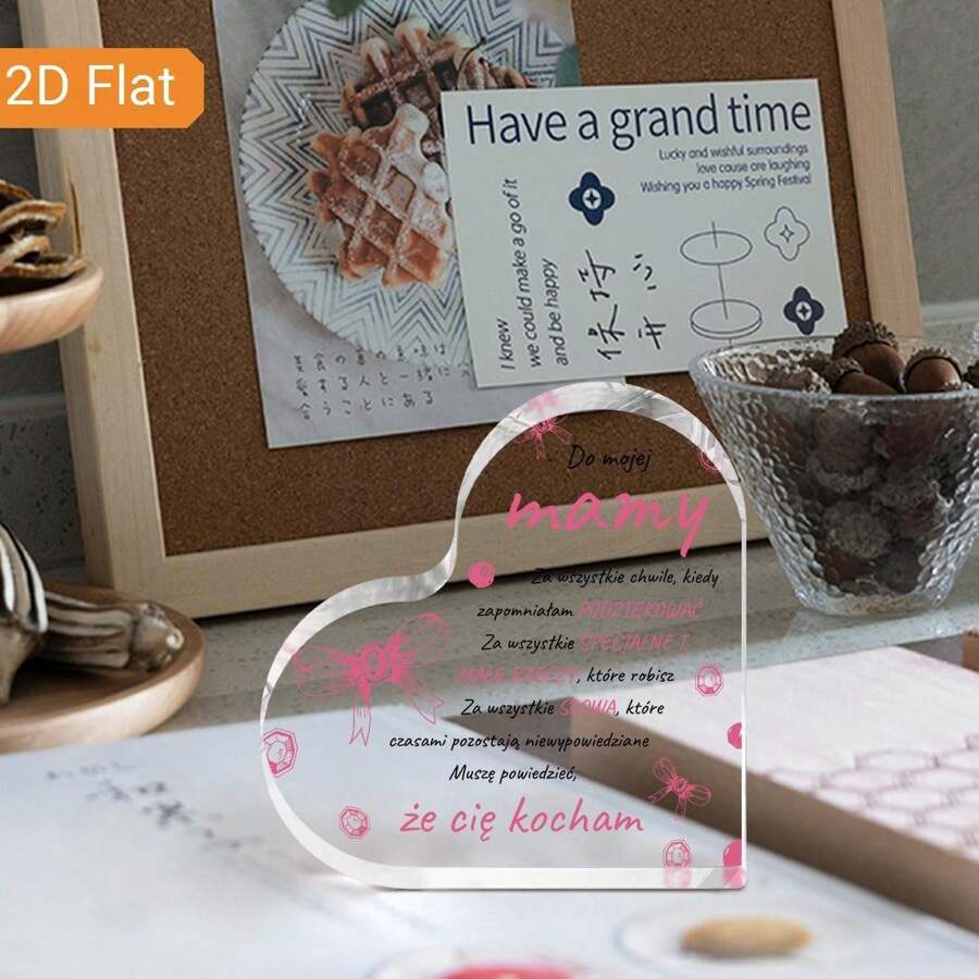 1 pezzo Targa acrilica a forma di cuore con fiocco rosa e citazione lucida - Perfetto regalo per la Festa della Mamma o Compleanno, Decorazione da tavolo classica, Utilizzo multifunzionale, Senza batterie necessarie, Targa e statua decorativa