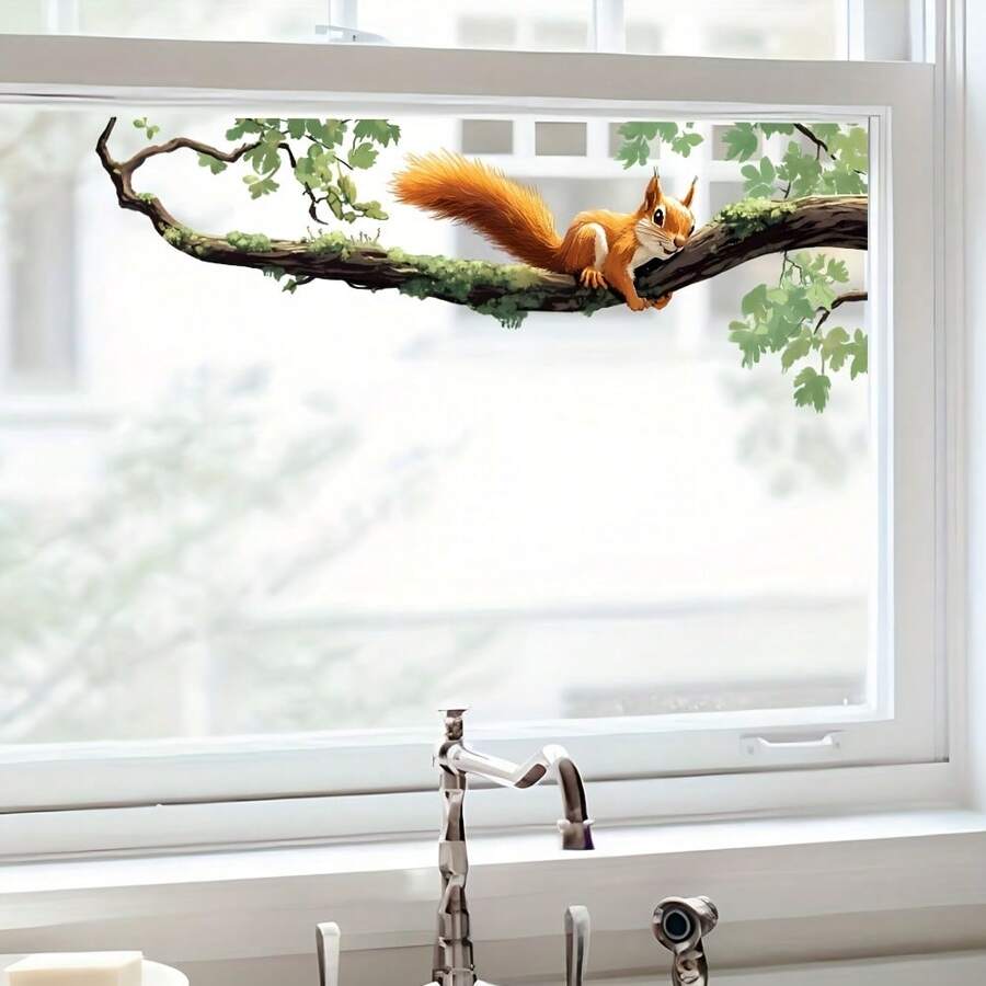 Whimsical Squirrel Climbing Tree Window Sticker - Self-Adhesive PVC Decal For Home Decor, Decorative Art Animal Print Design, Irregular Shape Disposable Sticker, Living Room Decor | Nature Style Decor, Squirrel Decor